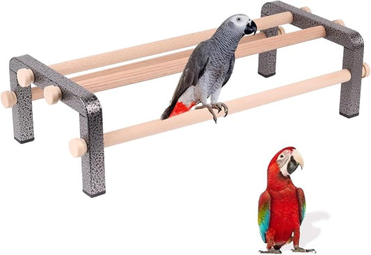 Large Bird Training Perch Long Stand for African Grey Macaw Big Birds, Durable Heavy Duty Rustproof Metal Frame with 4 Wooden Bars for Bird to Play Climb and Exercise Toy