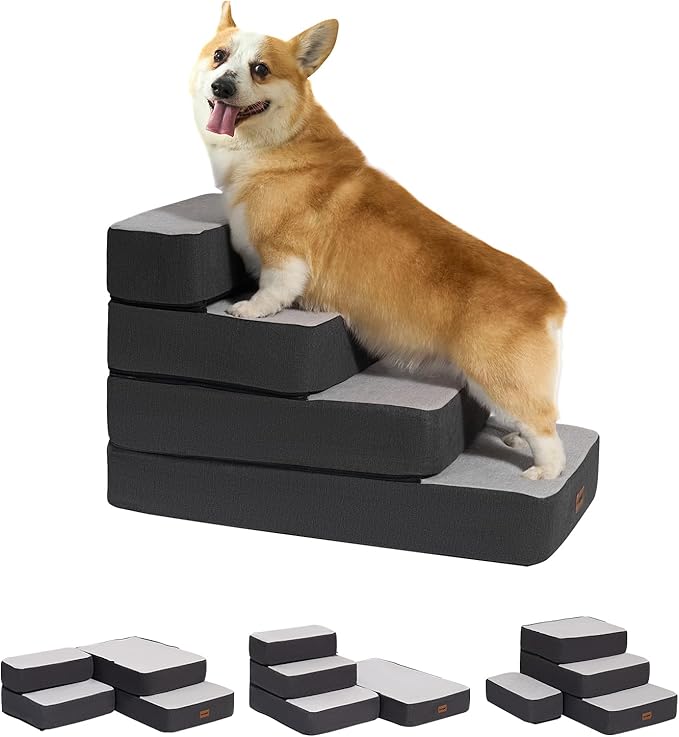 4-Step Adjustable Dog Stairs for Beds, Dog Steps for Small Dogs and Cats, Foldable Pet Stairs for Bed Climbing, Non-Slip Pet Step Indoor, Grey