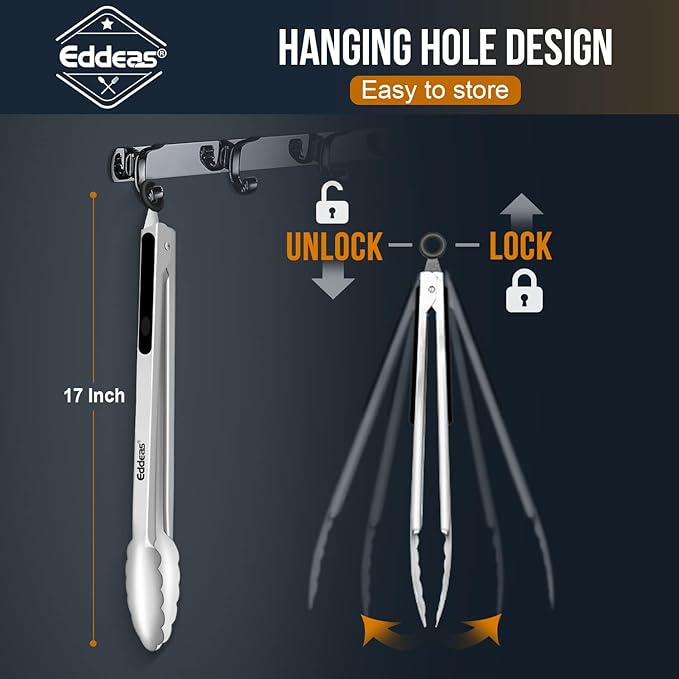 Grill Tongs, 17 Inch Extra Long BBQ Tongs, Heat Resistant 600 Degrees Stainless Steel tongs, Kitchen Metal Locking Tongs for Cooking, Grilling, Outdoor Barbecue