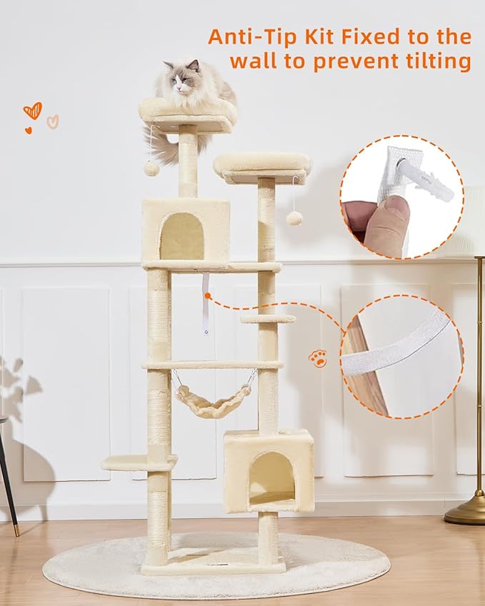 Taoqimiao Cat Tree, 68-Inch Cat Tree Cat Tower for Indoor Cats, Plush Multi-Level Cat Condo with 6 Scratching Posts, 2 Perches, 2 Caves,Hammock, 3 Pompoms,MS020SM Beige