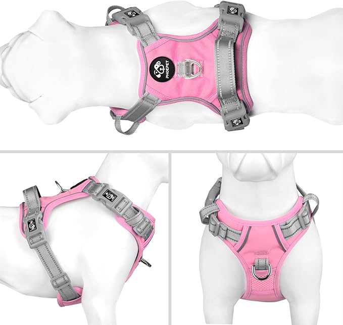 PHOEPET No Pull Dog Harness, Unique Colors Reflective Adjustable Dog Vest, with Soft Training Handle Metal Clips for Small Medium Large Dogs (Baby Pink Base & Grey Straps,M)