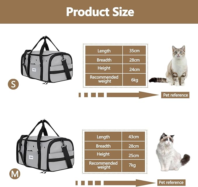 Pet Carrier Bag, Foldable Cat Bag Airline Approved, Soft-Sided Cat Travel Bag, Washable Dog Carrier Privacy Protection for Home Outdoor Travel(M, Grey)