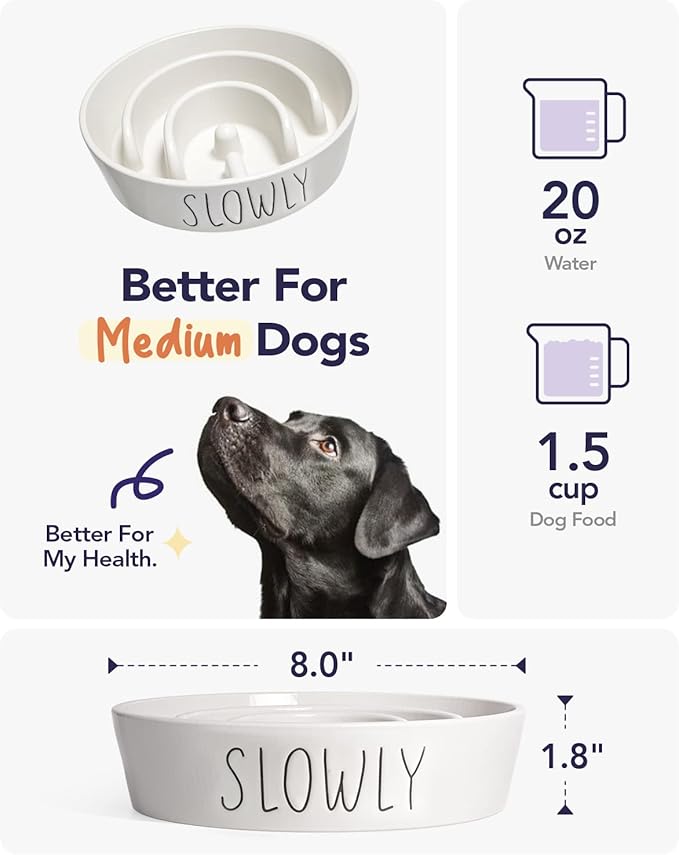 Slow Feeder Dog Bowl - 1.5 Cups Ceramic Puzzle Feeder for Small & Medium Breeds, Maze Design Bowl for Puppy & Fast Eaters, White Pet Dish to Control Eating Speed