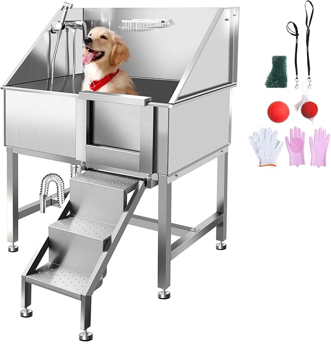 38" Pet Dog Bathing Station W/Stairs, Professional Stainless Steel Dog Grooming Tub W/Soap Box, Faucet,Rich Accessory, Dog Bathtub for Large,Medium,Small Pets, Washing Sink for Home,R-RAMP