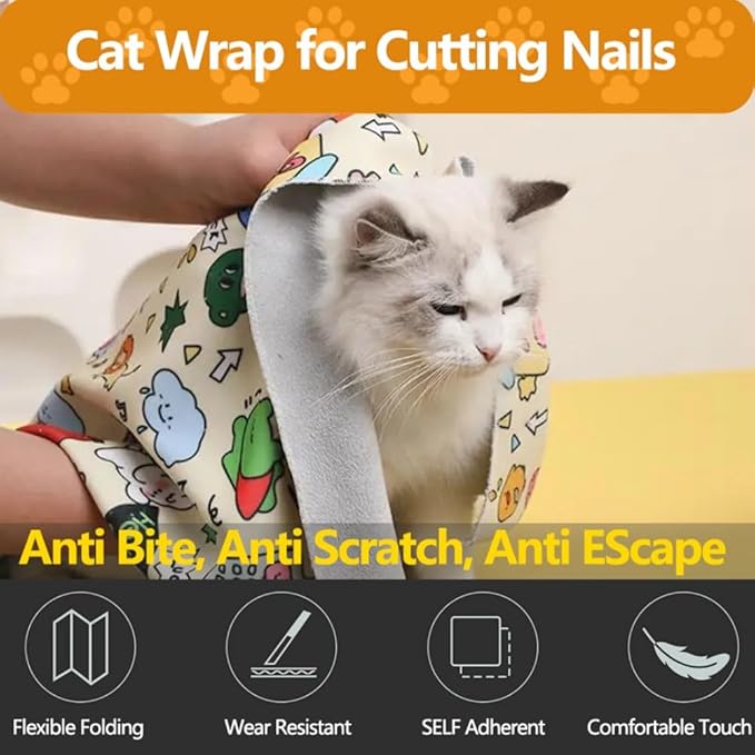 Magic Cat Wrap for Cutting Nails & Grooming, Self Adherent Fabric Wrap for Cats, Multi Functional Pet Grooming Towel Blanket, Wrap Snug and Groom for Cats, 27.6in, Under 22 Ibs