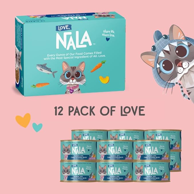 LOVE, NALA - Natural Adult Cat Wet Food - Pate Mackerel with Carrot & Pumpkin Recipe- Grain Free, Non-GMO, Lean Protein, Omega 3, Digestive Fiber Blend, Added Minerals & Vitamins - 12 Pack 2.4 lbs.