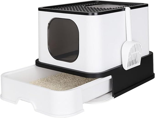 RIZZARI Large Enclosed Cat Litter Box : Covered Leak-Proof Reduces Odor - for Indoor Use Cat Owners (Black)