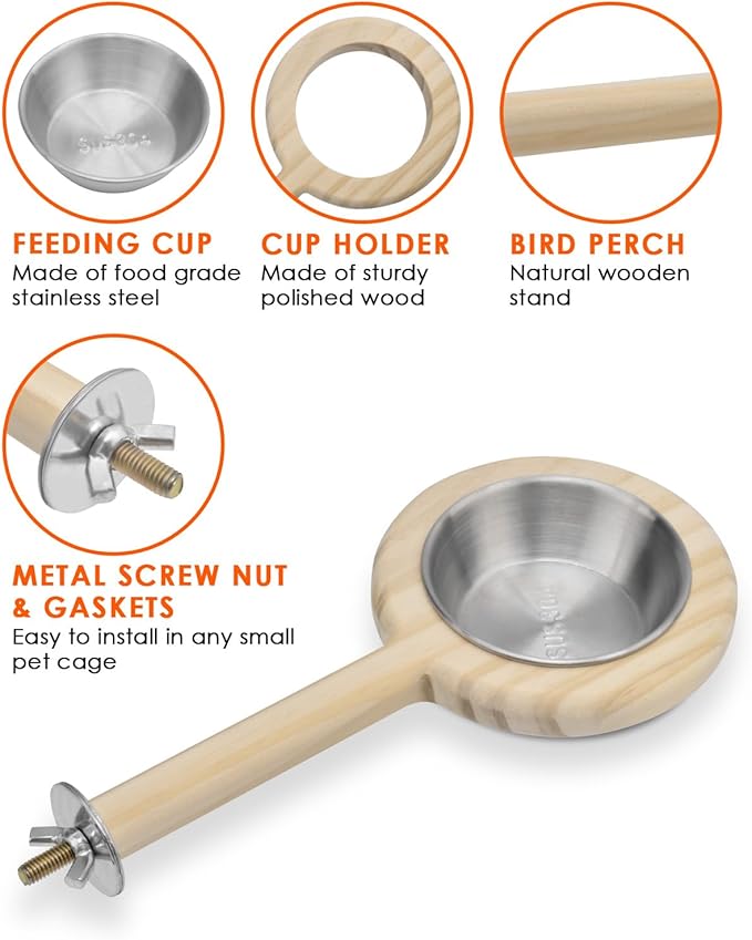 KATUMO Bird Perch Feeding Cup Birds Platform Parrot Wood Perch Stand Toy Cage Accessory for Parakeet Lovebird Cockatiel Conure Budgie Small Parrots (L Perch (Pack of 2))