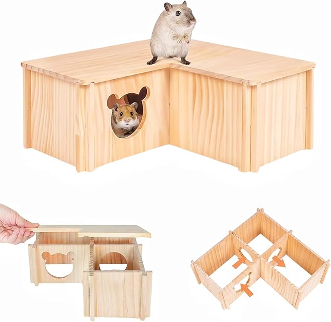 Natural Wooden Hamster House Hideout Multi-Chamber Hamster Maze Tunnel Detachable Small Pet House Habitats Exploring Toys for Dwarf Hamster, Hedgehog, Rats, Gerbils, Mice, Guinea Pigs