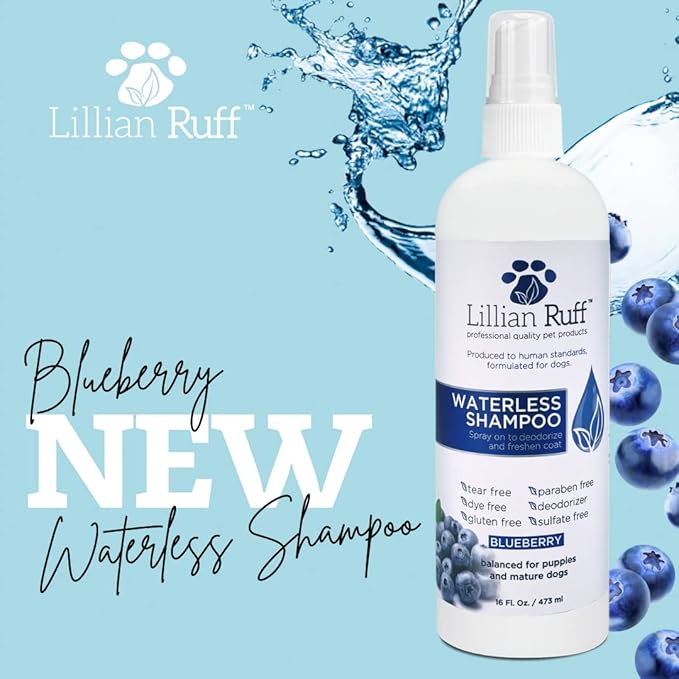 Lillian Ruff PRO Formula Berry Blue Brightening Dog Shampoo + Blueberry Waterless Dog Shampoo - Professional Whitening, Tear Stain Remover & No-Rinse Hydrating Odor Control, Aloe+Coconut Oil, USA Made