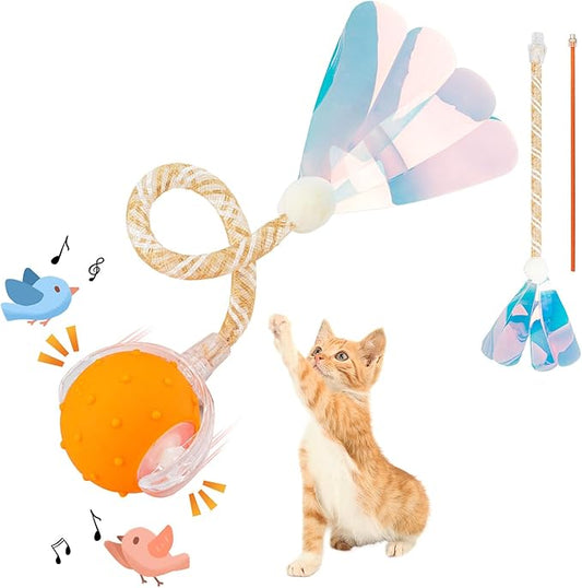 Interactive Cat Toys Ball for Indoor Cats, Automatic Agile Rolling Cat Ball with Elastic Mesh Tail, Bird Chirping & Motion Activated, 2 Tail Accessories, Kitten Toy for Bored (Orange)
