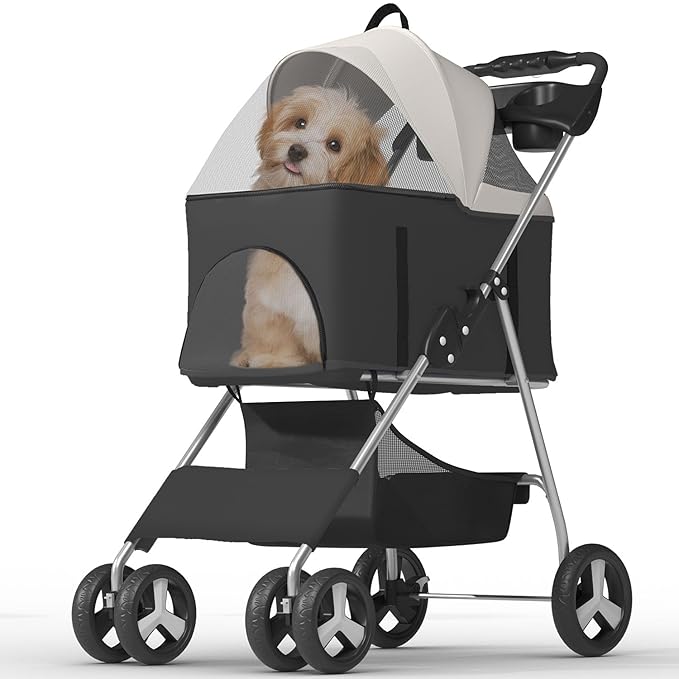 Pet Stroller with 4 Wheels for Small/Medium Pets,Travel Foldable Detachable Carrier for Dog Cat Cage Jogger Stroller, Rear Wheel Breaks, Storage Basket, Visible Mesh Weather Cover (Black)
