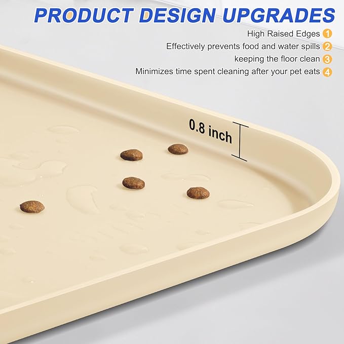 Silicone Pet Feeding Mat with Raised Edge for Food and Water, Dog Bowl Mats, Cat Bowls Placemat with High Lip for Floor Waterproof, Rubber Tray for Cats and Dogs 22 x 14 x0.8 White Sand
