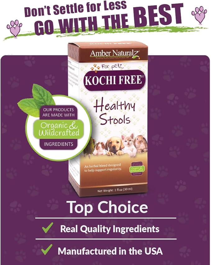 Amber NaturalZ Kochi Free Herbal Supplement for Dogs, Cats, Birds, Guinea Pigs, and Rabbits | Pet Herbal Supplement for Healthy Stool Support | 1 Fluid Ounce Glass Bottle | Manufactured in The USA