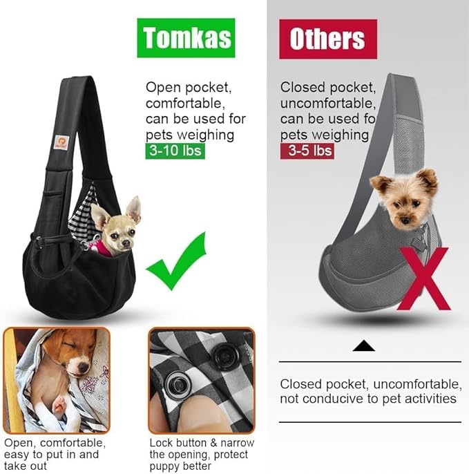 Tomkas Small Dog Sling Carrier - Classic Pocket & Classic Strap - for 3-10 lbs Pets(Black)