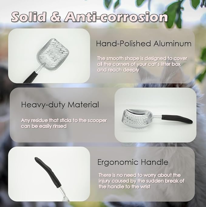 Full Metal Cat Litter Scoop with Holder – Heavy Duty Litter Scooper & Speed Sifter – Aluminum Cat Poop Scooper Captures All Clumps – Washable Stand for Easy Cleaning