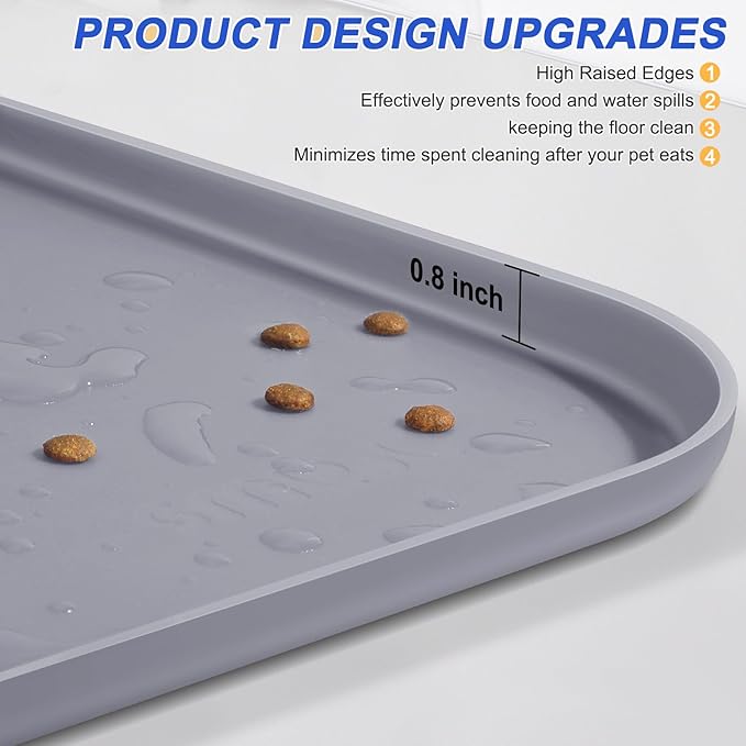 Silicone Pet Feeding Mat with Raised Edge for Food and Water, Dog Bowl Mats, Cat Bowls Placemat with High Lip for Floor Waterproof, Rubber Tray for Cats and Dogs 24 x 16 x0.8 Light Gray