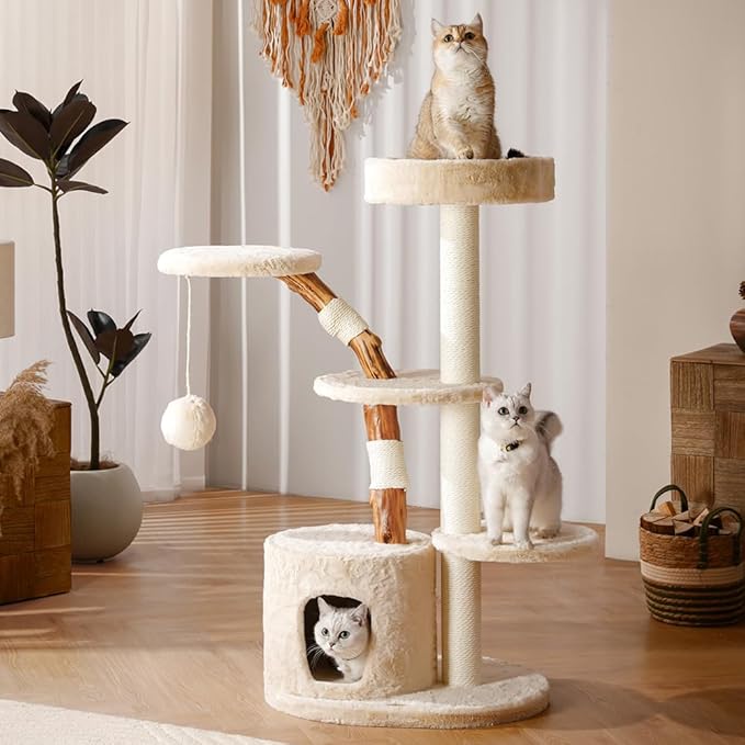 Unique Cat Tree for Indoor Cats,46‘’ Luxury Multifunctional Cat Tower with Natural Wood Scratching Post,Fur Cat Hammock and Viewing Platform,Funny Toy,Comfortable Cat Condo with Stable Cat Base
