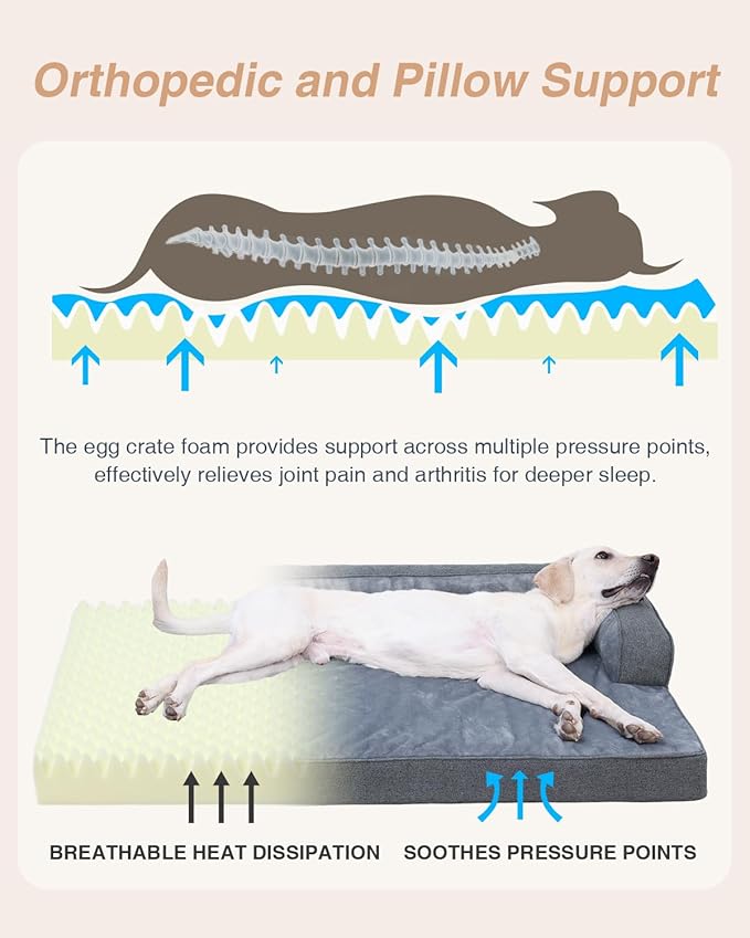 KSIIA Orthopedic Dog Bed for Extra Large Dog，Washable Pet Sofa with U-Shaped Bolster Removable Waterproof Cover Non-Slip Bottom and Egg-Crate Orthopedic Foam Pet Couch Bed, 53 x 36 Inch, Dark Gray