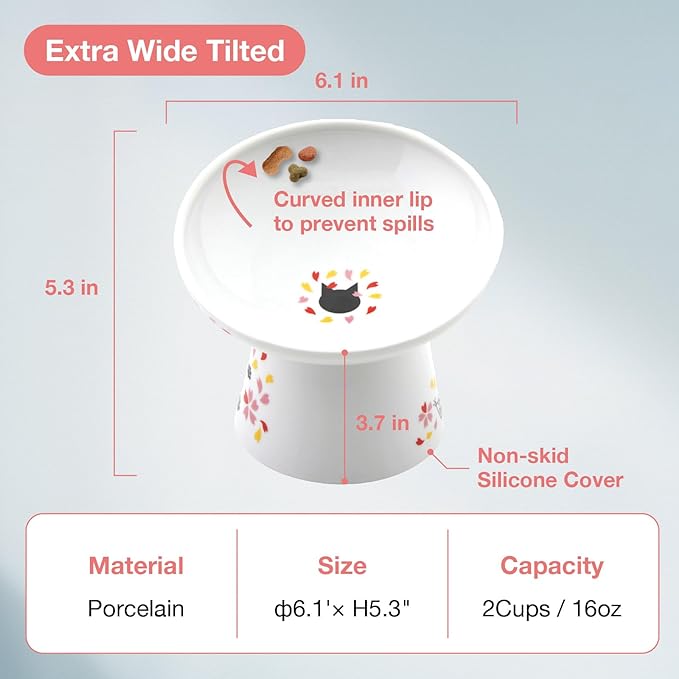 Necoichi Extra Wide Raised Cat Food Bowl, Elevated Cat Bowls to Prevent Neck & Whisker Fatigue, Dishwasher and Microwave Safe, No.1 Seller in Japan! (Sakura Limited Edition, Extra Wide Tilted)