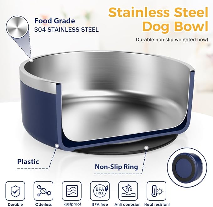 IKITCHEN Dog Bowl for Food and Water, 40 Oz Stainless Steel Pet Feeding Bowl, Durable Non-Skid Double Wall Insulated Heavy Duty with Rubber Bottom for Medium Large Sized Dogs (40 Ounces/5 Cup, Blue)