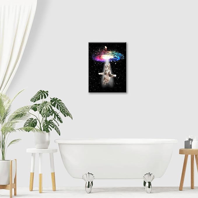 Funny Cat Wall Art Canvas Galaxy Wall Decor Prints Framed Painting Animal Pictures Gifts Artwork for Bathroom Living Dining Kitchen 12"x16"