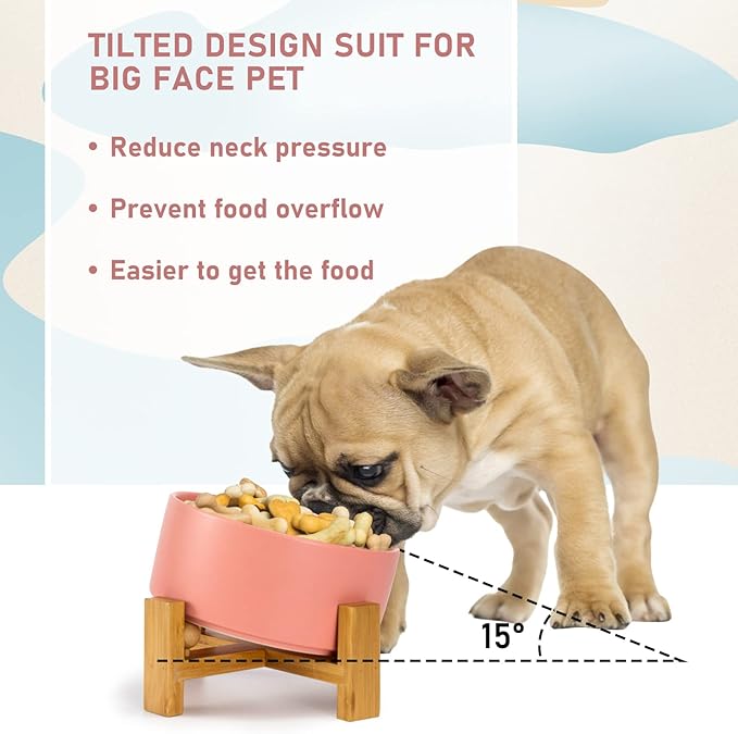 SPUNKYJUNKY 15° Slanted Ceramic Dog and Cat Bowl with Wooden Stand, Tilted Bulldog Food and Water Bowl No Slip Non-Spill for Cats Medium Dogs Big Face Pets 28.7 OZ (3.6 Cups,Pink)