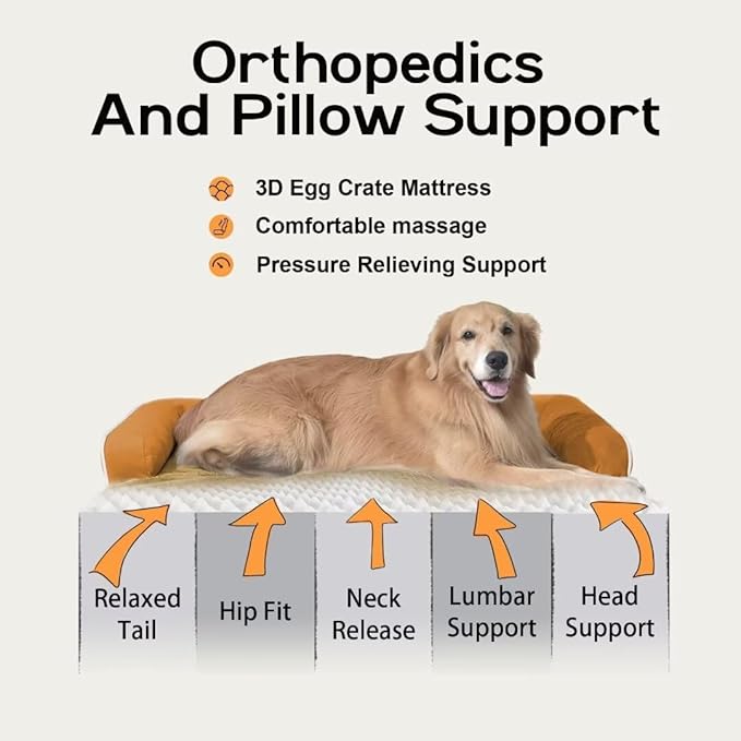 Large Dog Bed Orthopedic Washable, Dog Beds for Large Dogs, Washable Cover Removable Bolster and Non-Slip Bottom Jumbo Orthopedic Orange Dogs Beds, XXLarge Extra Large Pets