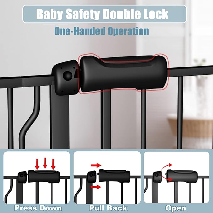 Walk Through Black Baby Gate 43.5-48 Inch Wide, Pressure Mounted Safety With Door No Drill, Tension Metal for Dog Cat and Toddler