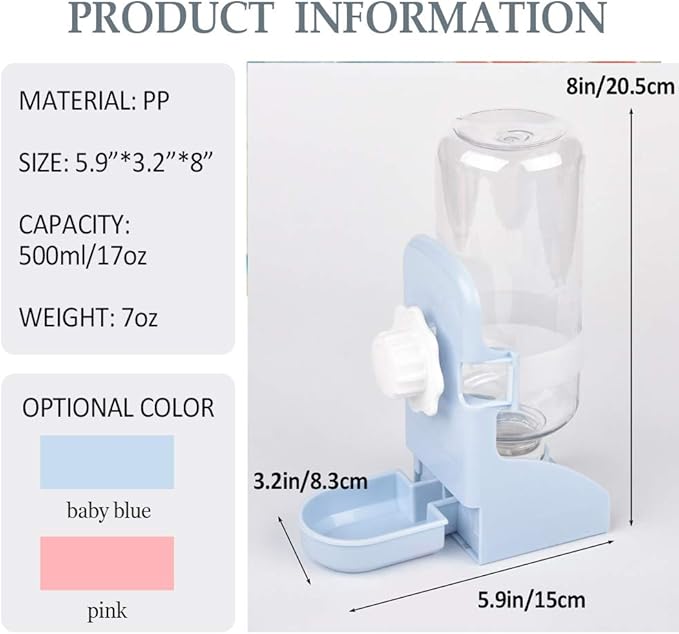 kathson Rabbit Water Bottle, 17oz Hanging Water Fountain Automatic Dispenser No Leak WaterFeeder for Bunny Chinchilla Guinea Pig Hedgehog Ferret