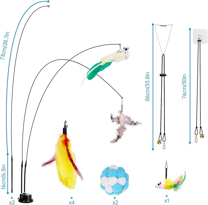 ZooZoo 14PCS Interactive Cat Feather Toy Set for Indoor Cats, Active Play Kit with Door Hanging Toy, Double-Sided Suction Cat Wand with Feathers, Mice & Fur Balls, Encourages Hunting, Jumping, Chasing