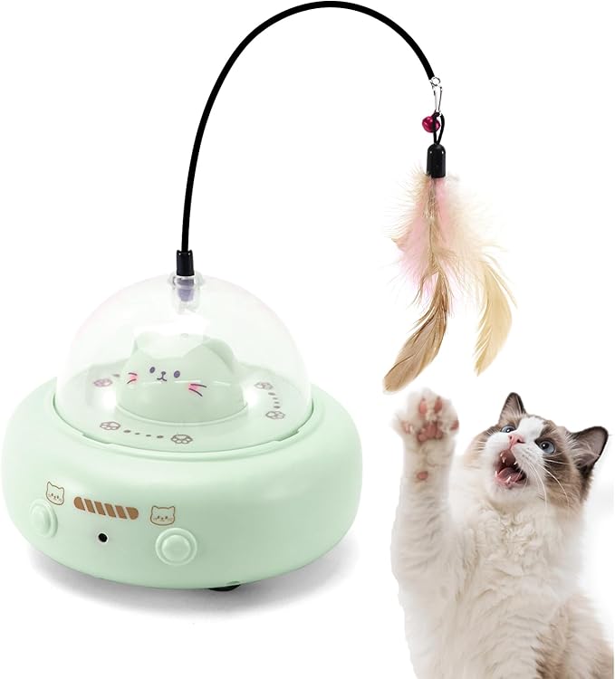 Automatic Cat Toys with Feathers, Interactive Cat Toy for Indoor Exercise, Rechargeable Teasing Toys for Indoor Cats, USB Powered, Smart Standby&Obstacle Avoidance(Green)