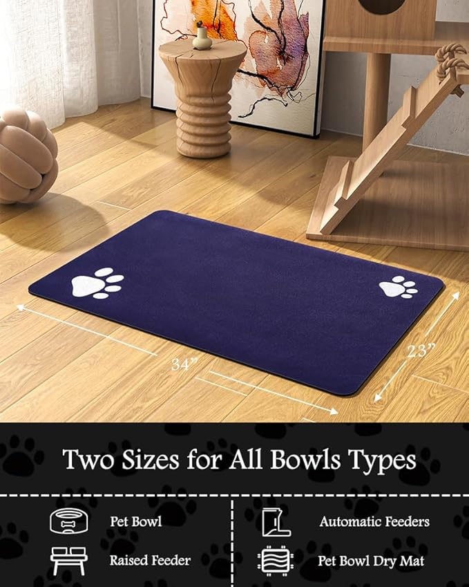 Pet Feeding Mat-Absorbent Dog Mat for Food and Water Bowl-No Stains Quick Dry Water Dispenser Mat-Dog Accessories Pet Supplies-Bowl for Messy Drinkers（Navy,23"x34"