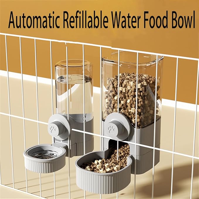 Hanging Automatic Bunny Food Water Dispenser, Gravity Rabbit Cage Feeder and Water Dispenser Ferret Cages Accessories, Cage Cat Food Bowl, for Chinchilla Guinea Pig Hedgehog (Grey)
