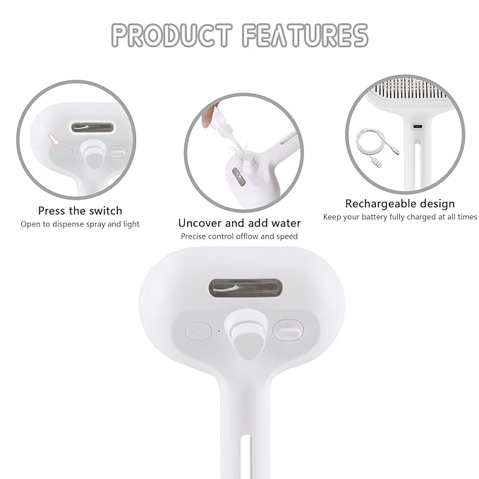Spray Cat Pet Grooming Brush with Water Sprayer - Hair Removal Comb for Cats and Dogs, White Shedding and Bath Brush with Steam Release