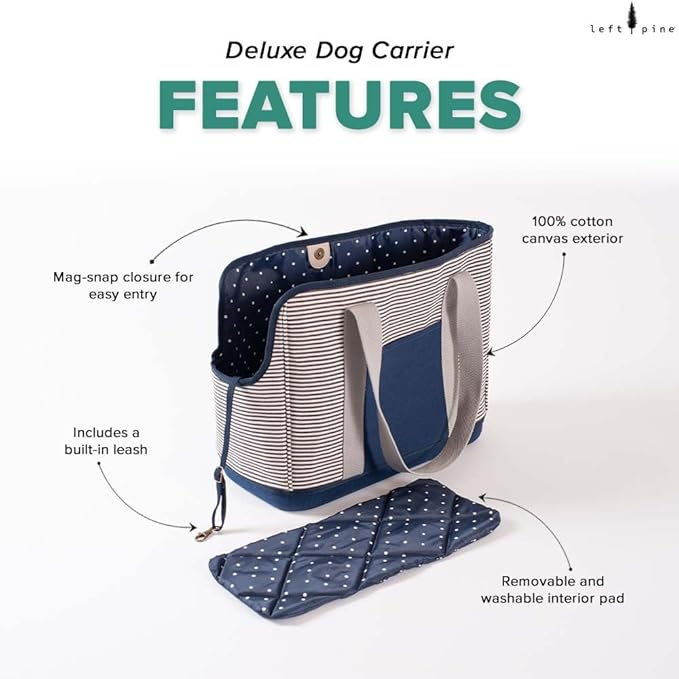 LeftPine x P.L.A.Y. Deluxe Dog Carrier Purse - Soft Sided Pet Travel Tote for Small Dogs & Puppies up to 16 Pounds - Built-in Safety Leash, Machine Washable Liner, Exterior Pocket (Navy Striped)