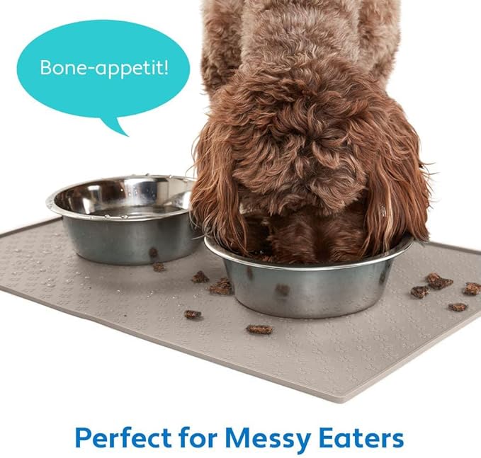 MIGHTY MONKEY 100% Waterproof Dog Food Mat, Raised Edges Silicone Pet Feeding Placemat for Cat, Dogs, Pet Bowls, High Lipped Tray Prevents Water Spills, Food on Floor, Dishwasher Safe, 24x16, Beige