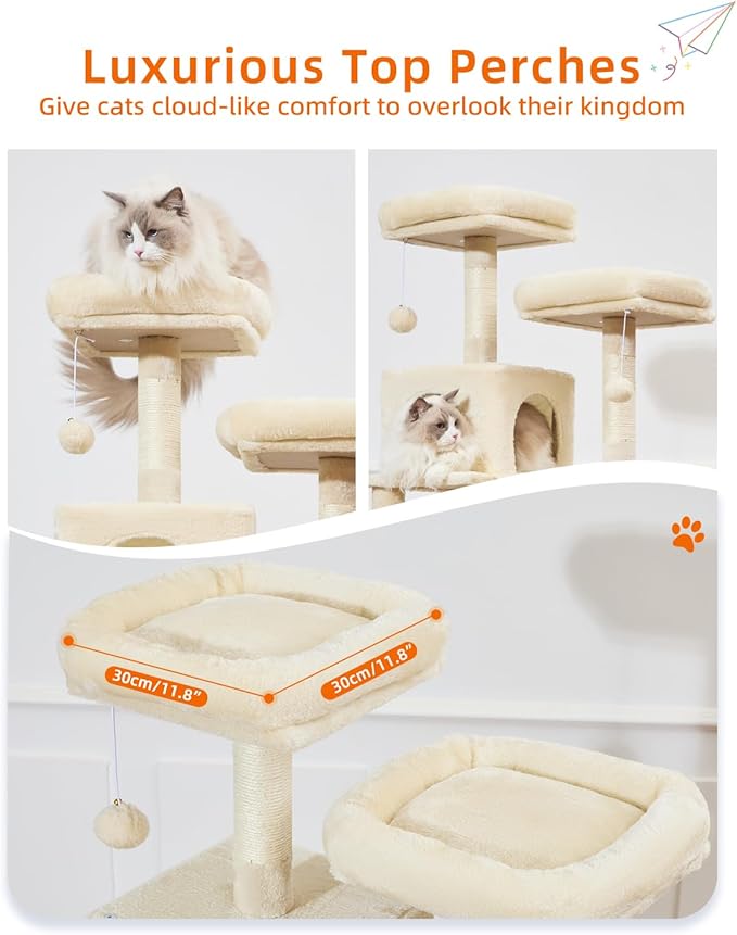 Taoqimiao Cat Tree, 68-Inch Cat Tree Cat Tower for Indoor Cats, Plush Multi-Level Cat Condo with 6 Scratching Posts, 2 Perches, 2 Caves,Hammock, 3 Pompoms,MS020SM Beige