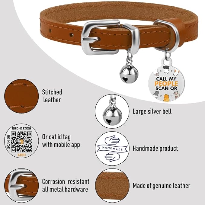 BRONZEDOG Leather Cat Collar with Removable Bells Non Breakaway Kitten QR Tag for Girl Boy (9" - 12" Cats/Mini Dogs, Light Brown & Silver)