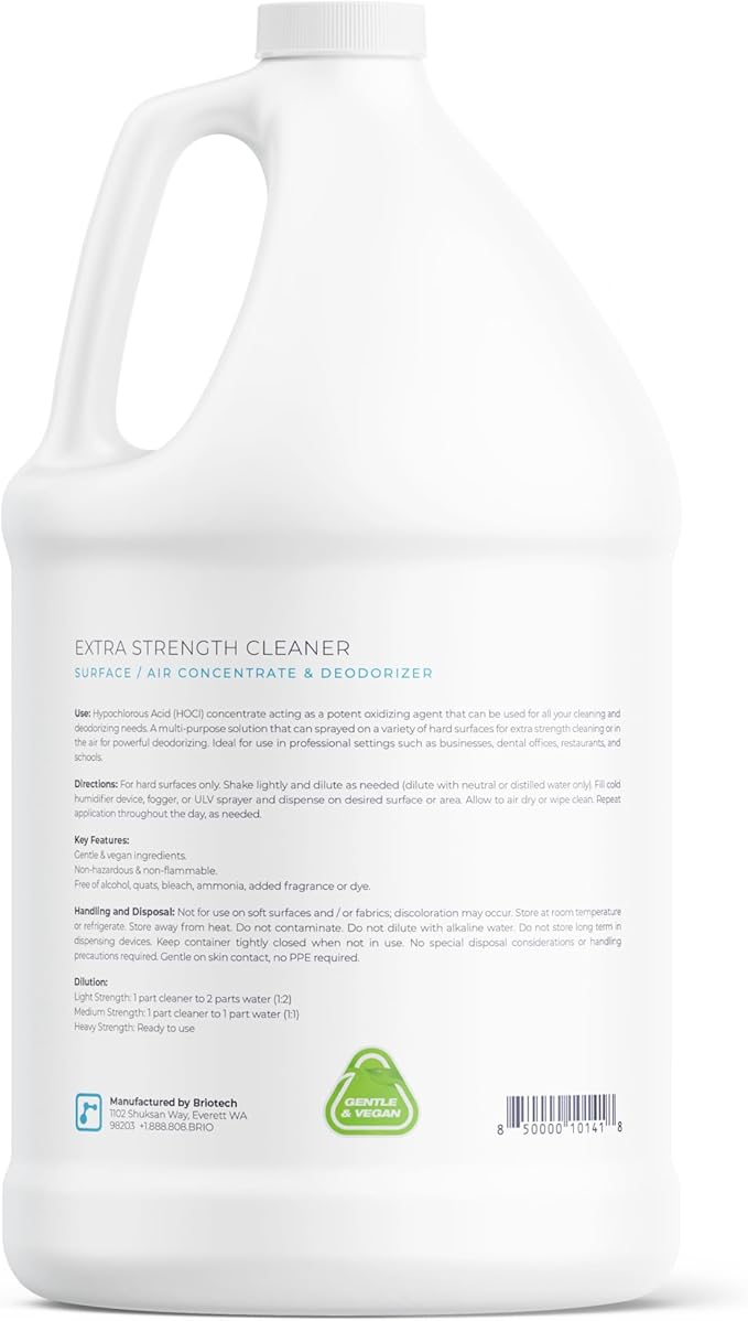 BRIOTECH Extra Strength HOCl Cleaner, 500 PPM Hypochlorous Acid Concentrate, ULV Foggers & Humidifiers, Professional Deodorizer for Dental, Offices, Schools, Homes, Peroxide Free, 1 Gallon (2 Pack)