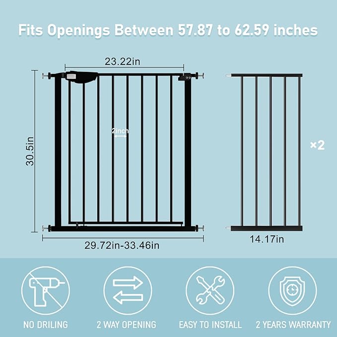 WAOWAO Triple Lock Baby Gate Extra Wide 57.87-62.59" Pressure Mounted Walk Through Swing Auto Close Safety Black Metal Dog Pet Puppy Cat for Stairs,Doorways,Kitchen