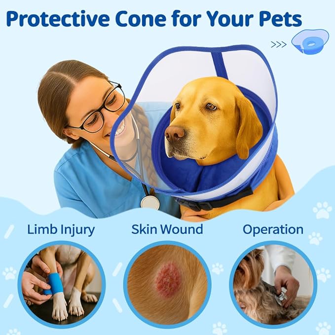 Soft Dog Cone Collar, Inflatable Donut Cones Alternative After Surgery with No-Lick Shield for Large/Medium/Small Dogs to Stop Licking, Elizabethan Neck Ecollars of Shame Comfy Pillow Recovery Blue