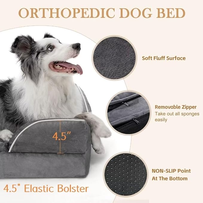 Comfort Expression Waterproof Large Dog Beds Orthopedic Foam Dog Beds Sofa Comfy Pet Bed with Washable Removable Cover & Non-Slip Bottom(Large,Dark Grey)