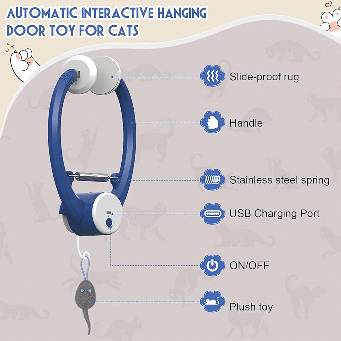 Cat Toy Interactive for Indoor Cats, Smart USB Rechargeable Door Hanging Automatic Retractable Kitten Toys, Teaser Electronic Self Play Feather Cat String Toys Attached with 3 Catnip Mice Blue