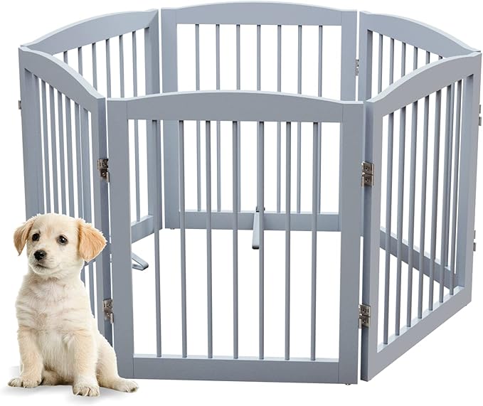 Freestanding Pet Gate for Dogs, Foldable Wooden Dog Gate for House, Extra Wide Indoor Pet Barrier for Stair, Doorway, Hall, Support Feet Included, 120 Inch Wide, 6 Panels 24", Grey