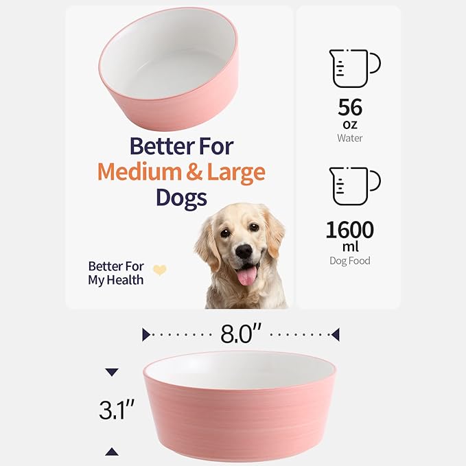 Pink Dog Bowl Ceramic for Medium Large Breed, Heavy Weighted Dog Food Water Dish, 8 in Non - Slip Modern Cute Extra Big Porcelain Pet Bowl Maze Wide Mouth