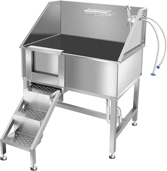 38" Dog Bathing Station, Professional Dog Washing Station Stainless Steel Dog Grooming Tub for Home,Equipped with Three Anti-Slip Steps, Removable Door, Pet Wash Station for Pet,L-RAMP