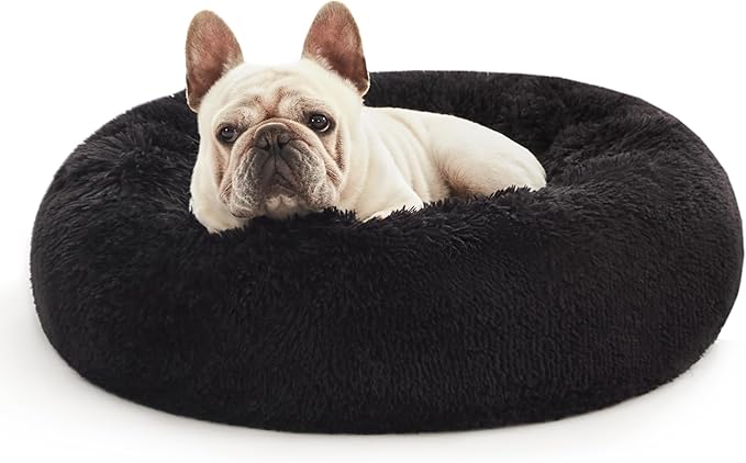 Love's cabin Calming Cat Bed for Indoor Cats,Anti-Anxiety Donut Round Dog Bed,Fluffy Faux Fur Washable Pet Bed for Small Medium Dogs and Cats,Black,24in
