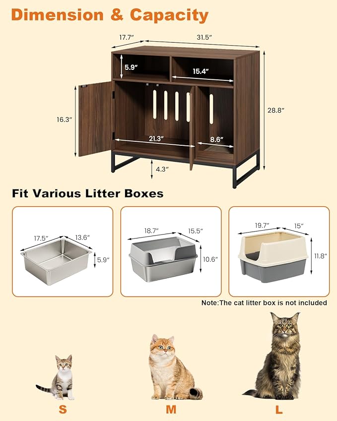 Cat Litter Box Enclosure, Large Hidden Pet Storage Cabinet Furniture with Waveform Fluted Doors & Scratching Pad, Modern Wooden Cat House Indoor for Washroom, Living Room, Bedroom, Rustic Brown