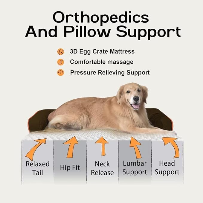 Large Dog Bed Orthopedic Washable - Waterproof with Removable Cover - Memory Foam - XXL Large Big Dogs - Beds Bolster Pet - Couch Sofa - Brown Dog Bed